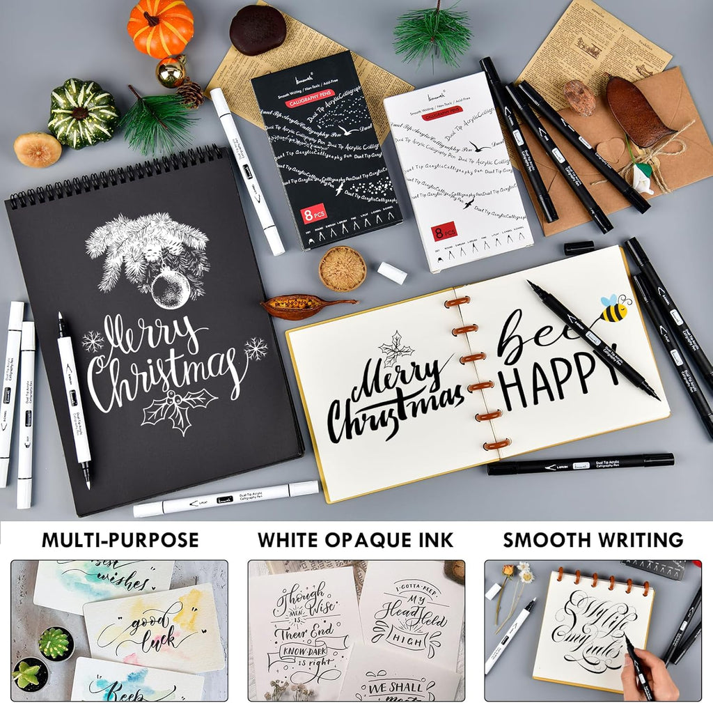 Calligraphy Pens, 8 Size Dual Tip Black Acrylic Calligraphy markers for Writing, Brush Pens Calligraphy Set for