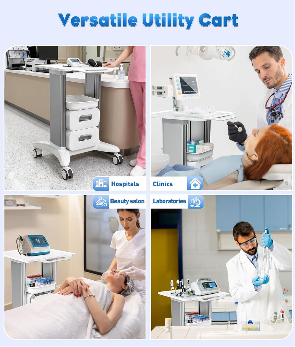 Medical Trolley Cart with Drawers, Hospital Mobile Ultrasound Cart with Trays & 4 Silent Swivel Wheels, 220 LBS Load