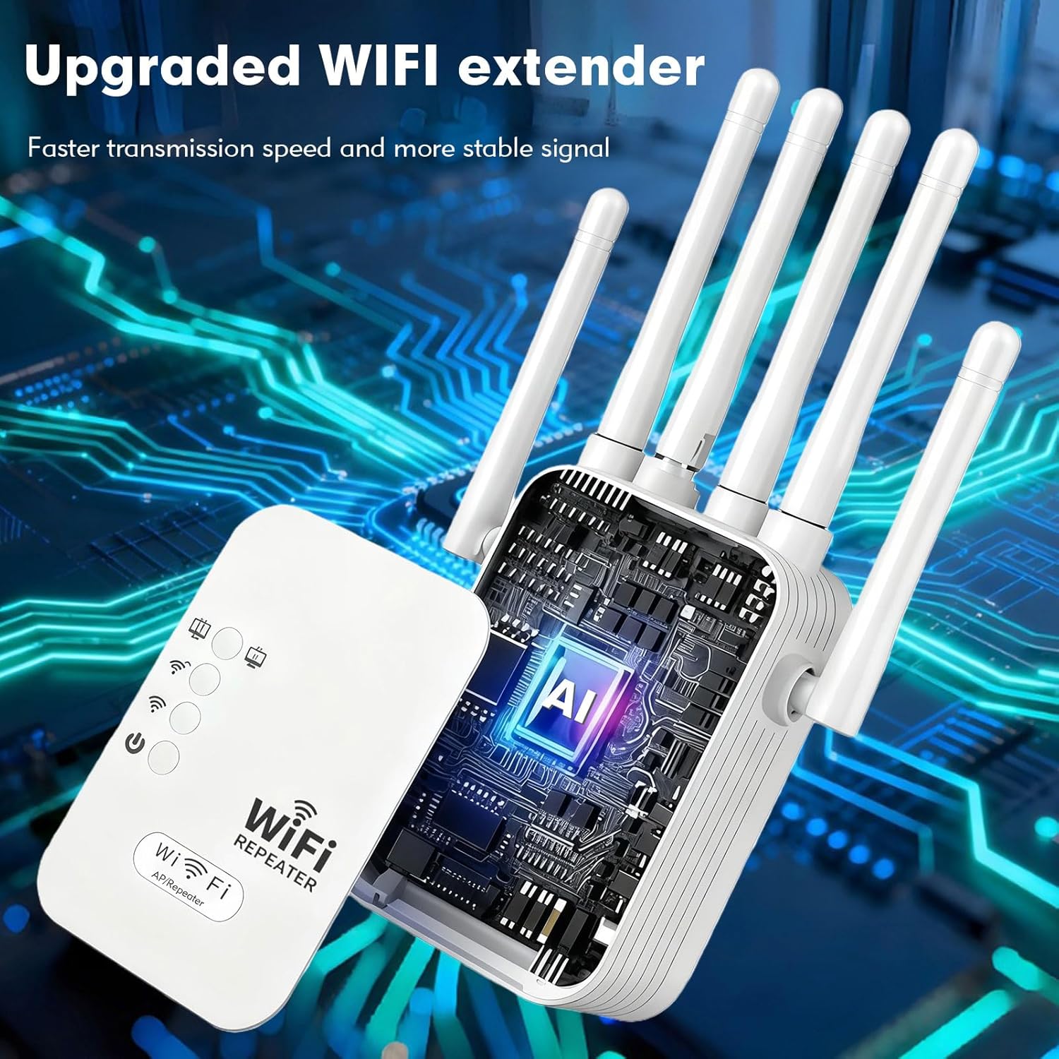 WiFi Repeater, WiFi Extender Signal Booster for Home, 9800 Sq Ft Coverage, Repeater/AP Mode, 6 Antennas, Ethernet