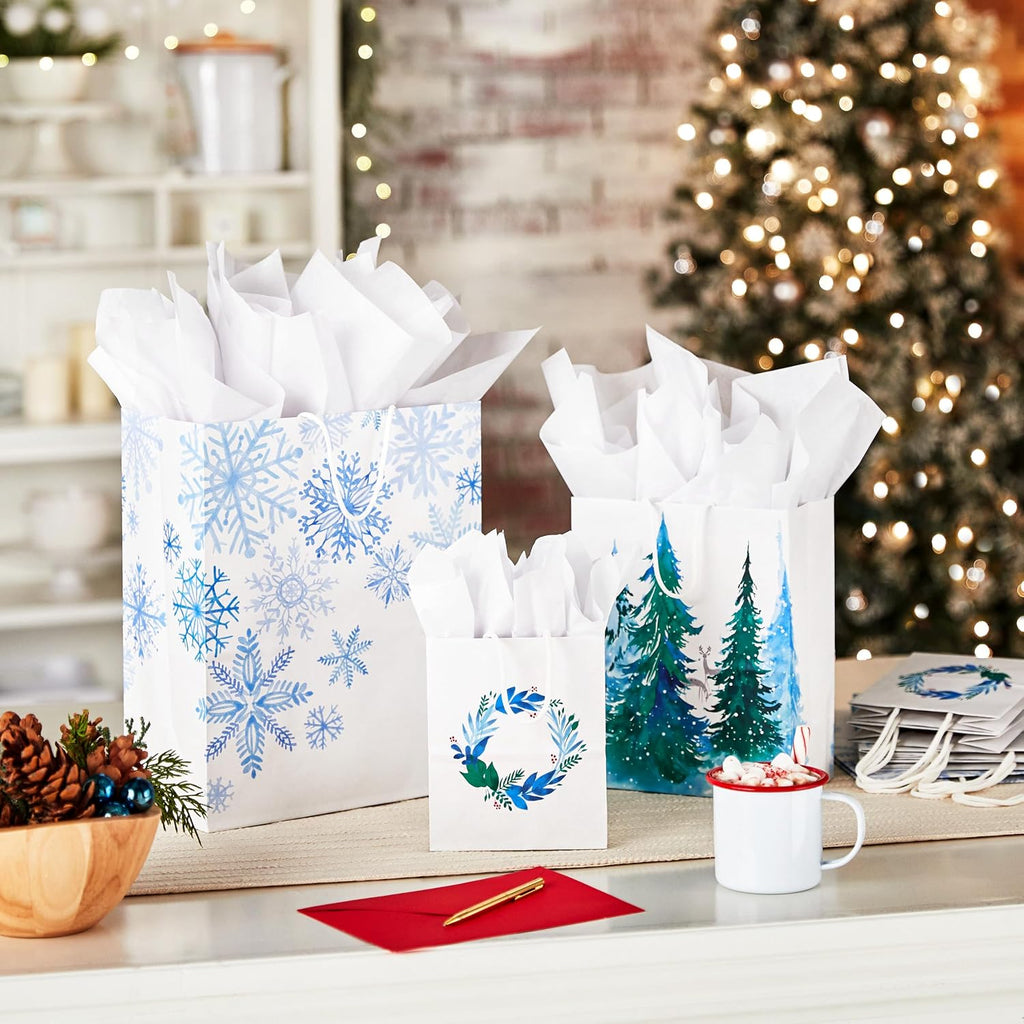 Christmas Gift Bags, Assorted 8-Pack (Wreath, Trees, Snowflakes)