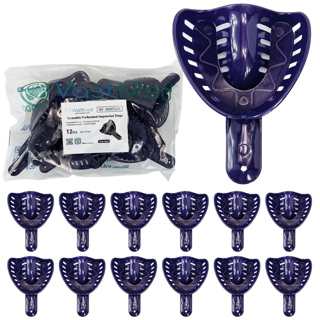 Dental Impression Tray Bag of 12 by Vastmed | Perforated Disposable Teeth Impression Trays | #1 Large Upper - Purple