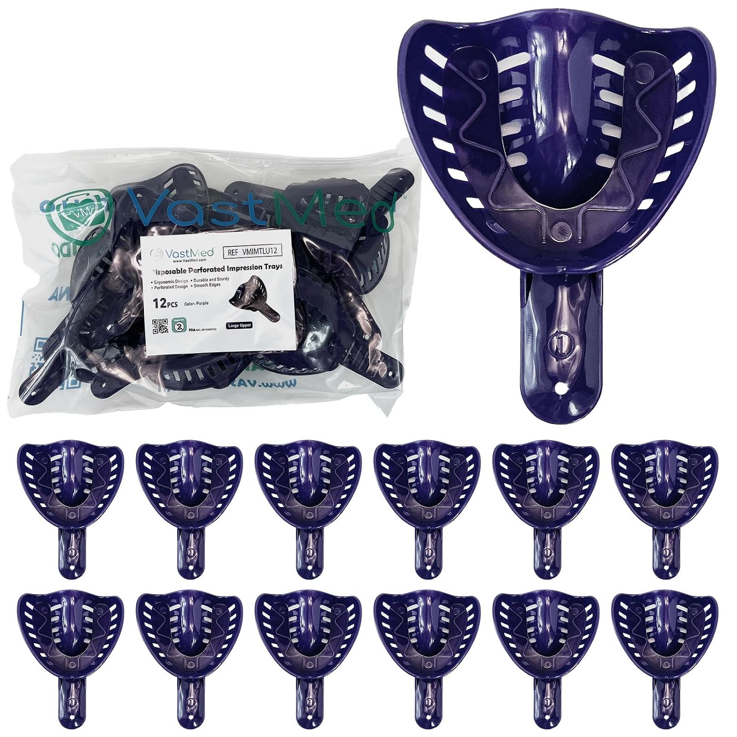 Dental Impression Tray Bag of 12 by Vastmed | Perforated Disposable Teeth Impression Trays | #1 Large Upper - Purple