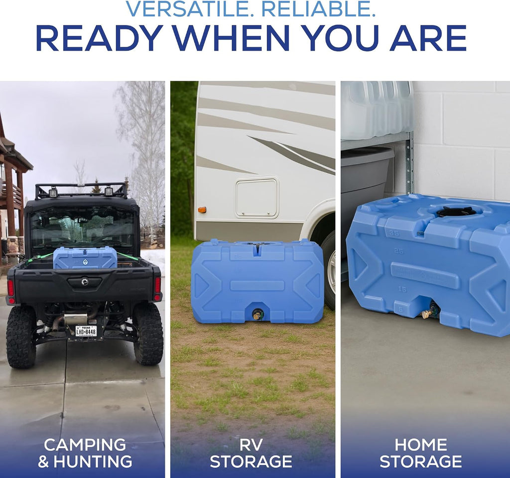 Rockwell Exodus 35 Gallon Stackable Emergency Water Storage Tank, BPA-Free Water Container for Home Backup, Camping