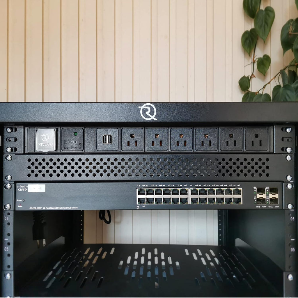 PDU 6 Outlets with 2 USB Ports, Flexible Rack Mount Power Strip for 19” Server Cabinet, with Surge Protector for