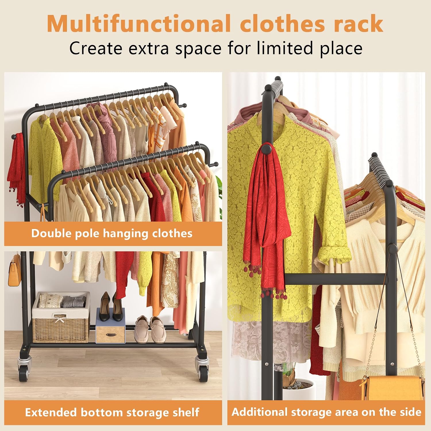 Double Rods Garment Rack with Wheels, Clothing Rack for Hanging Clothes,4 Hooks, Multi-functional Bedroom Clothes