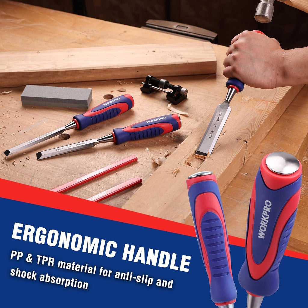 10-Piece Wood Chisel Set for Woodworking, Cr-V Bevel Edge Chisels (1/4", 1/2", 3/4", 1", 1-1/4", 1-1/2") with