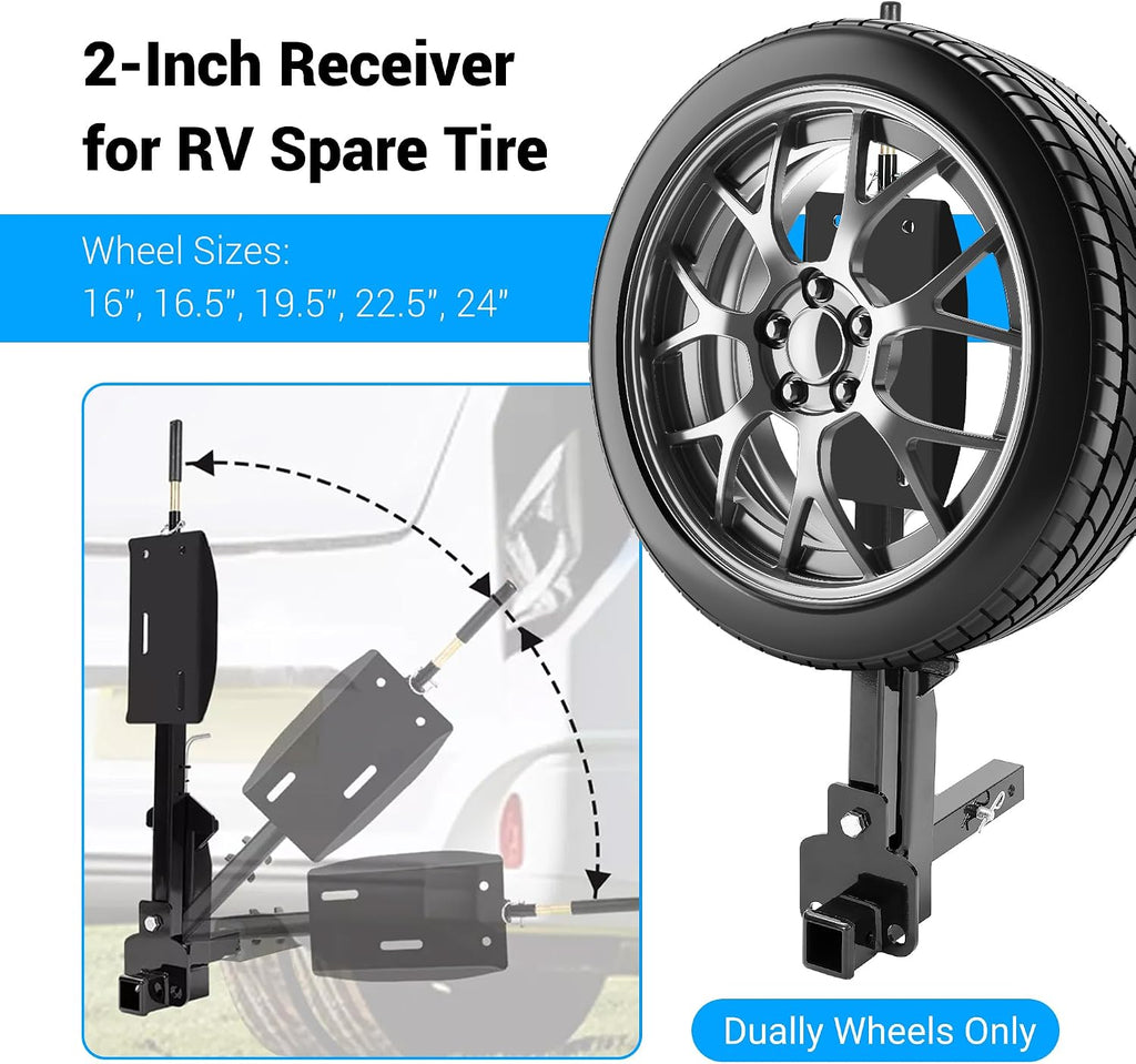 RV Spare Tire Carrier for 16" 16.5" 19.5" 22.5" and 24" RV Motorhomes 2" Drop Dually Wheels
