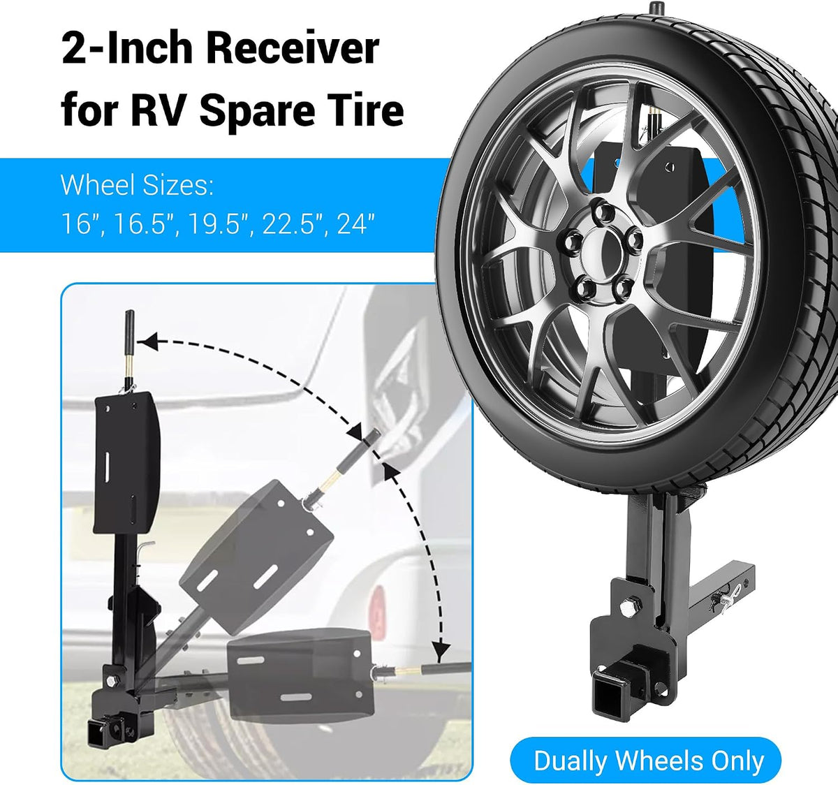 RV Spare Tire Carrier for 16" 16.5" 19.5" 22.5" and 24" RV Motorhomes 2" Drop Dually Wheels