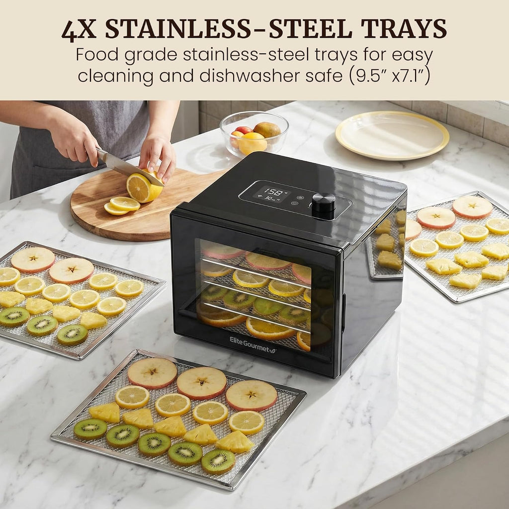 Food Dehydrator, Stainless Steel Trays, Adjustable Temp