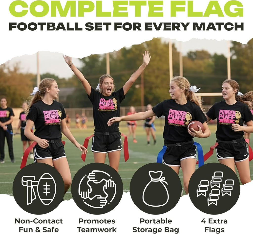 Flag Football Belts Set for 14 Players – 28 Durable Red & Blue Flags with 4 Extra Flags, Adjustable Belts & Carry Bag