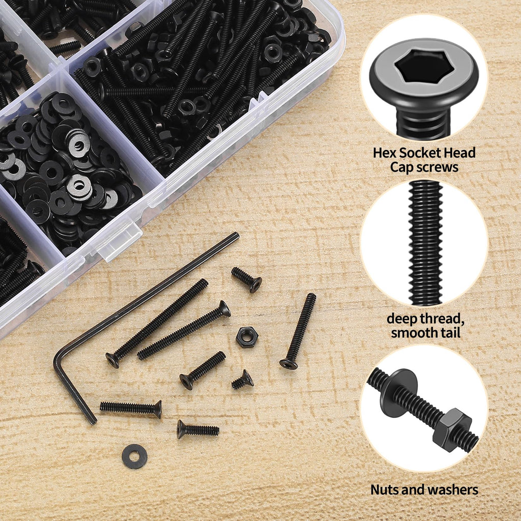 Metric Screw Assortment, Flat Head Machine Screw Assortment Kit, Countersunk Hex Socket Cap Screws Set, Black