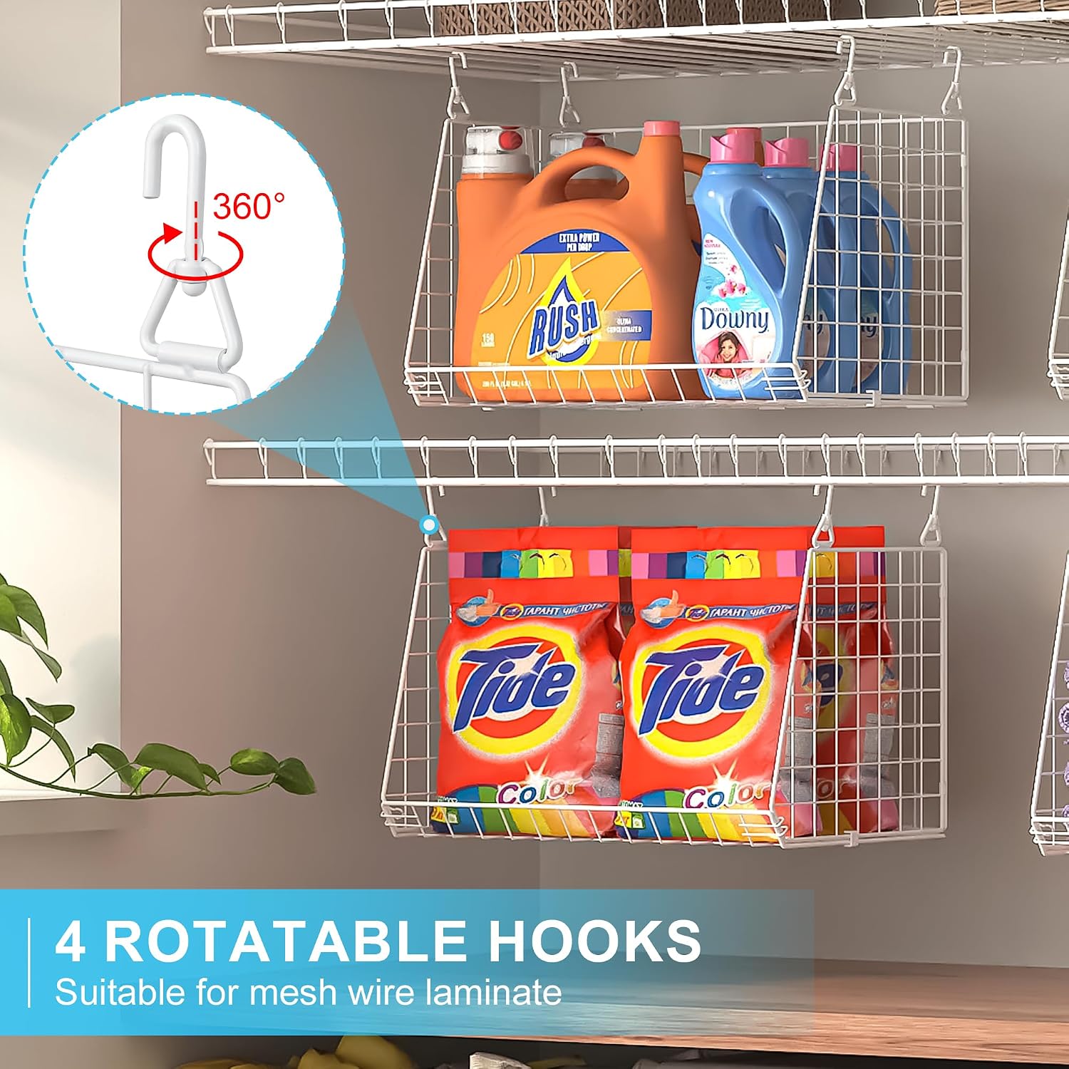 3-Pack Large Hanging Laundry Basket: Wire shelves for Laundry Room Organization with 360°Rotating Hooks Foldable