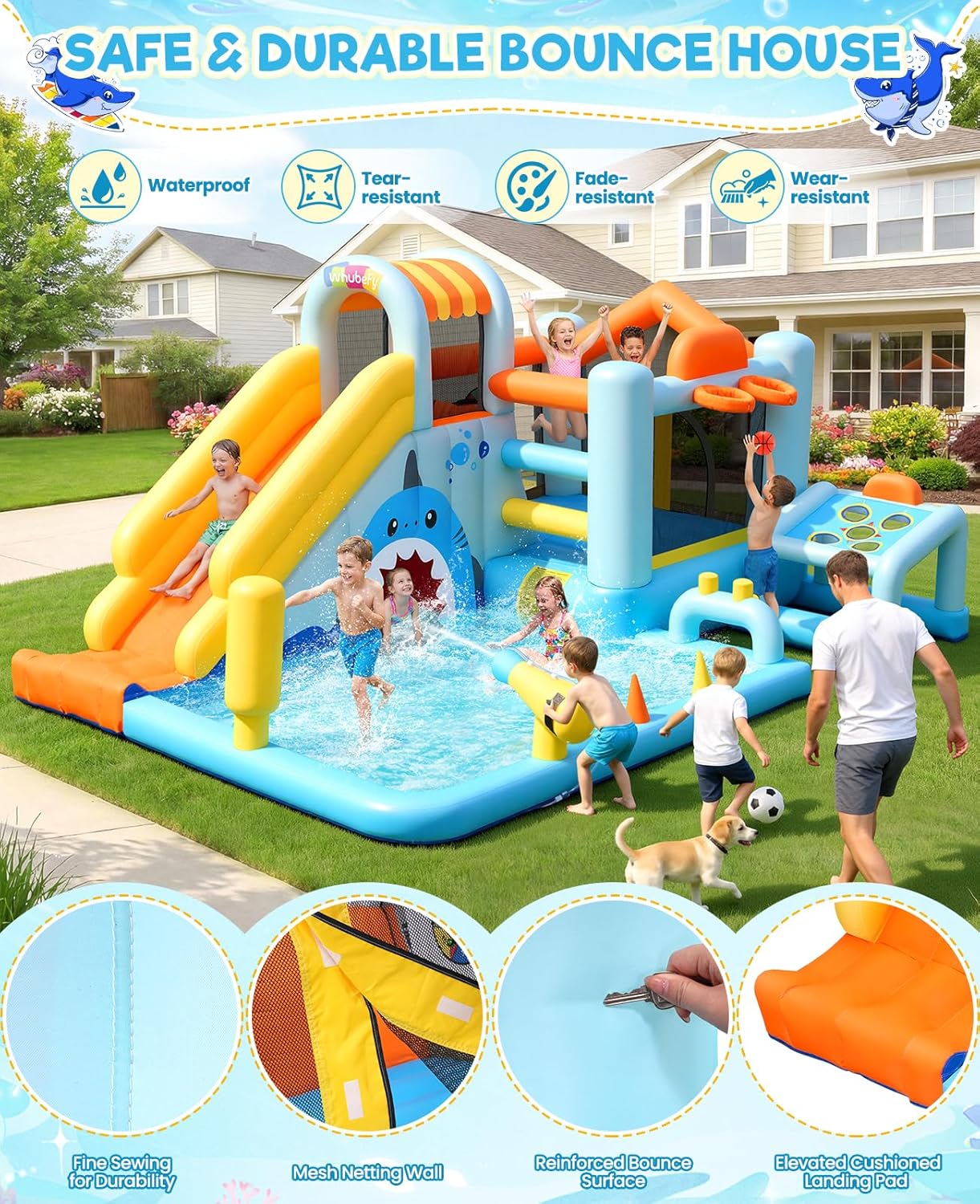24-in-1 Unicorn Shark Cave Inflatable Water Slides Bounce House Wet Dry Park for Kids Backyard with Blower