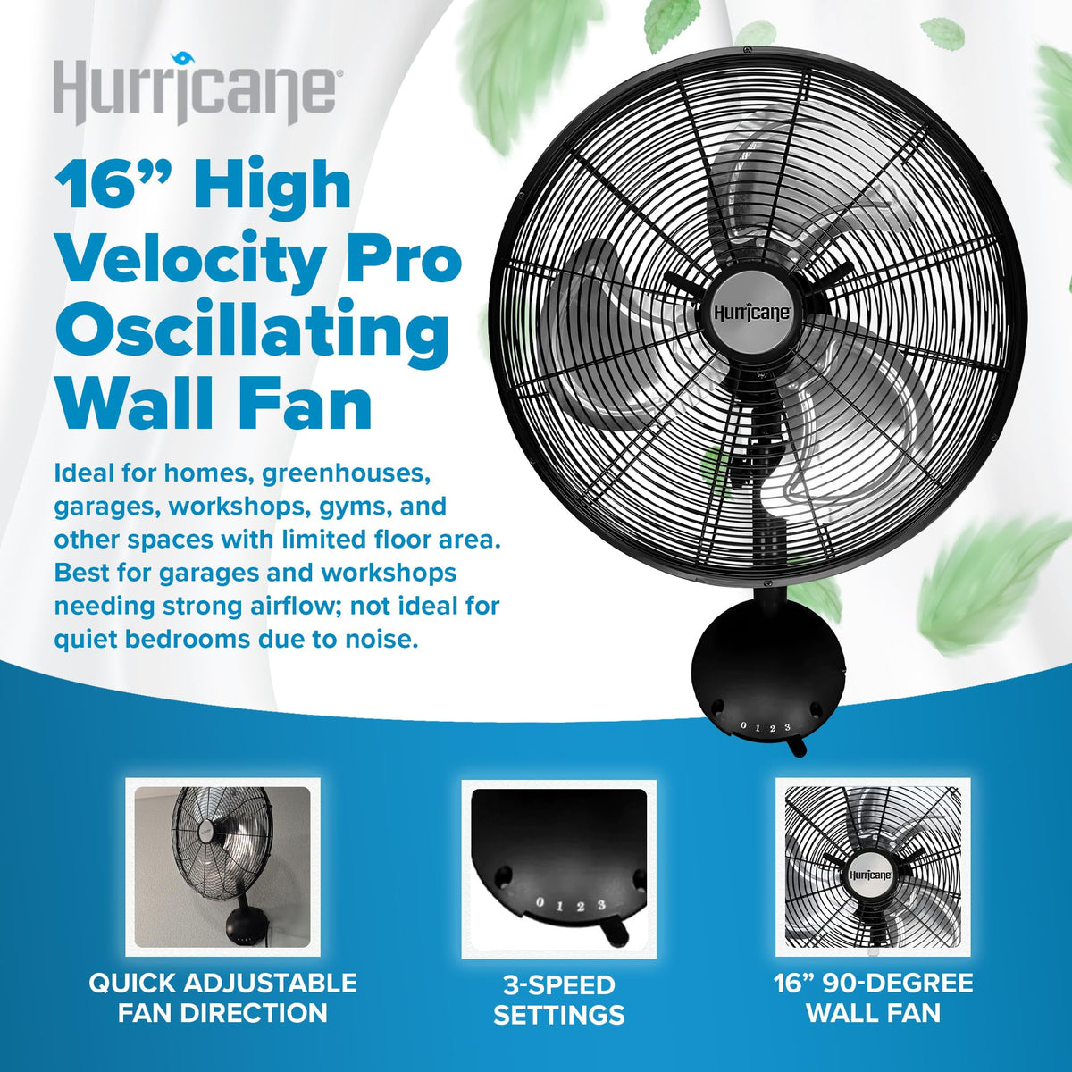 Pro High Velocity Oscillating Wall Fan, 3 Speeds, Black, 16in
