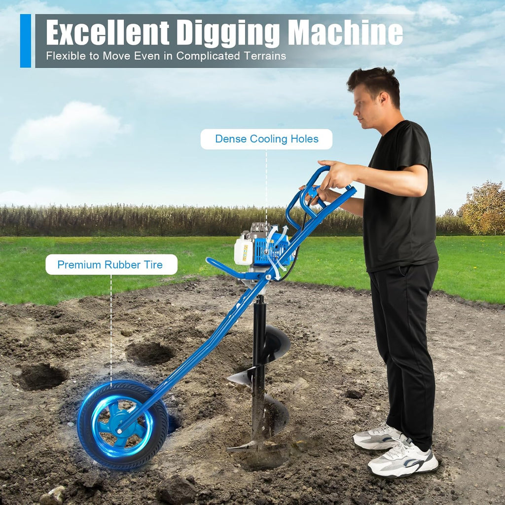 63CC 2-Stroke Post Hole Digger, 3HP Gas Powered Earth Auger Borer Ground Drill Gasoline Earth Auger Wheelbarrow with