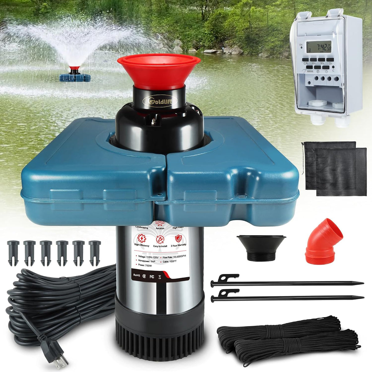 Pond Fountain Aerator F2 1HP 750W 15000GPH Floating Fountains Pump
