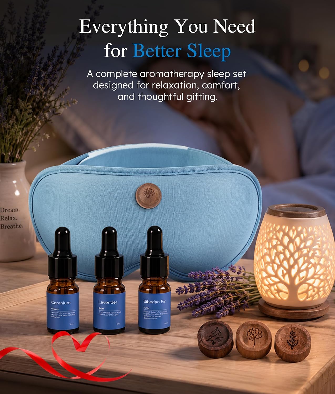 Aromatherapy Sleep Mask Essential Oil Diffuser 3D Blackout Design | Wood Diffuser with Lavender, Fir, Geranium Oils