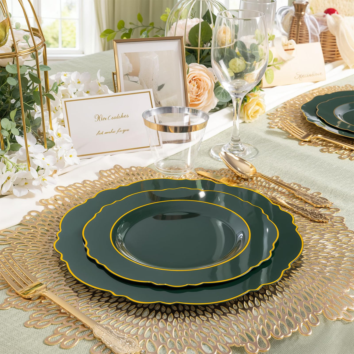 175PCS Green Plastic Plates-Emerald Green Disposable With Gold Rim-25Guest Baroque Dinnerware include 50 Plates,25Pcs