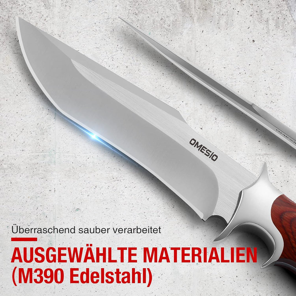 Full Tang Fixed Blade Hunting Knife with 60 HRC M390 Steel Blade | Comfortable Wood Handle, Includes Leather Sheath