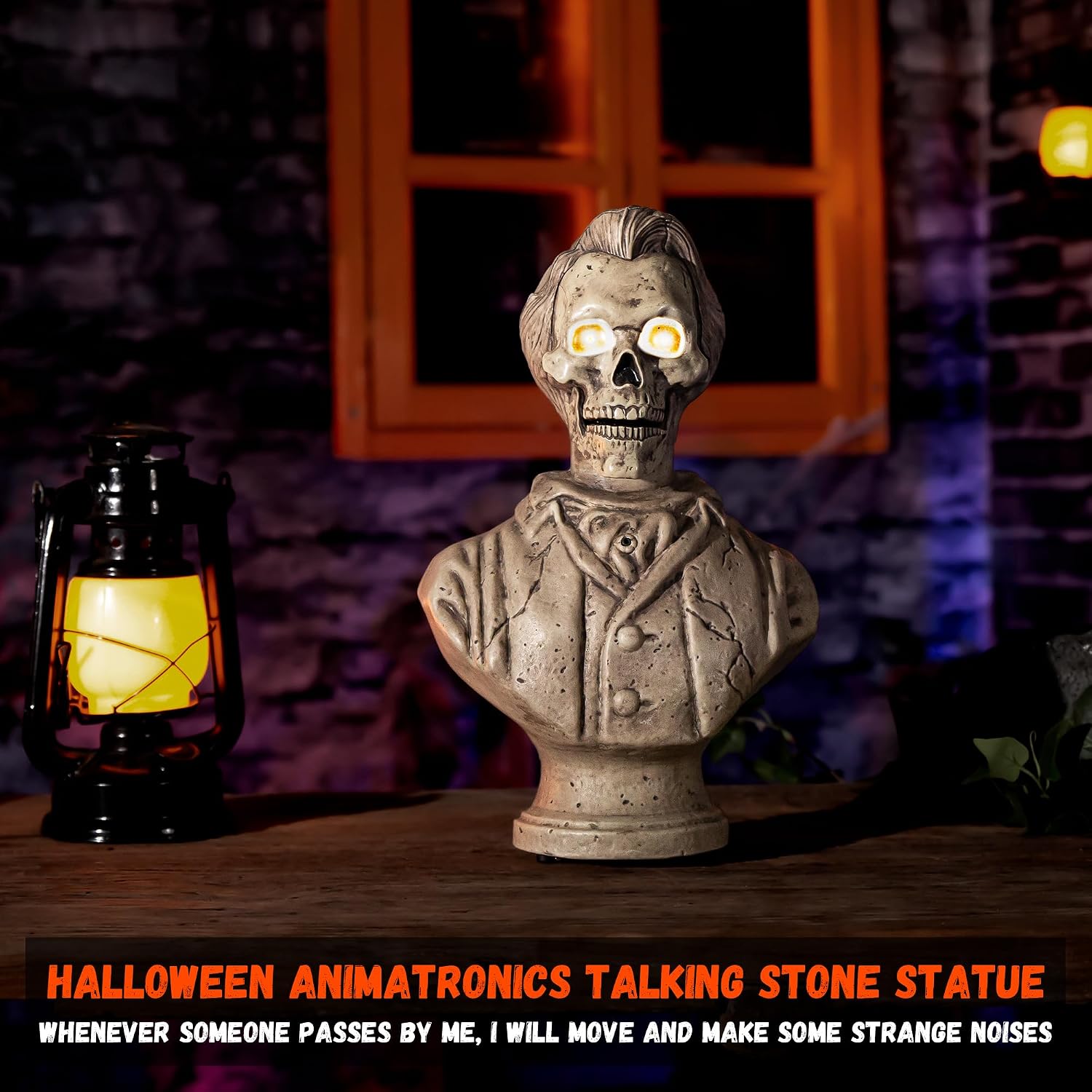 Halloween Animatronics Talking Stone Statue Decorations, Animated Props with Sound & Motion Activated, Mouth Moving