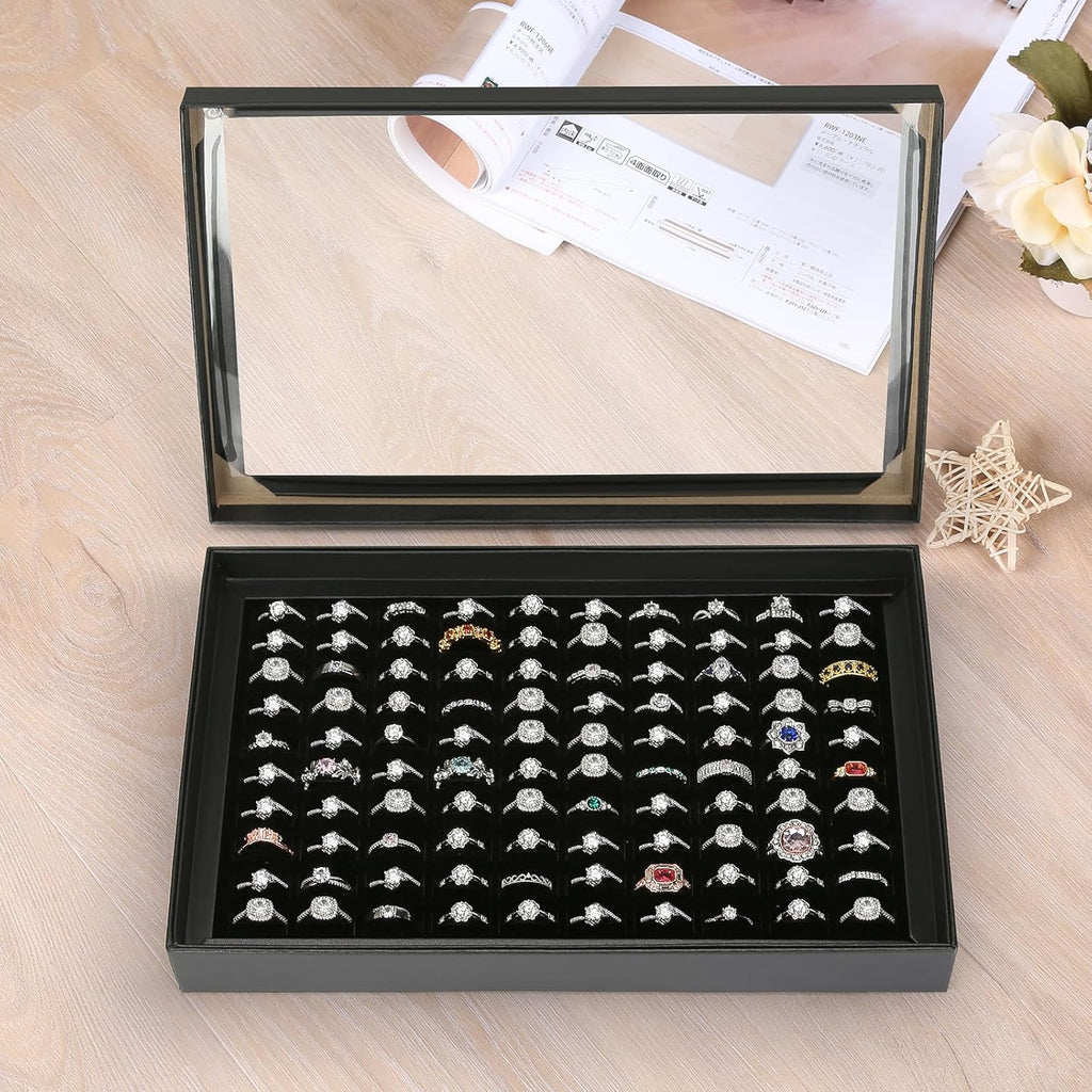 100 Slots Ring Earring Holder Display Case, Velvet Jewelry Ring Earring Storage Organizer Box Tray with Clear Lid for