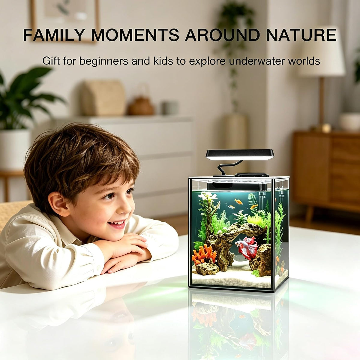 Glass Betta Aquarium Starter Kits 1.5 Gallon Small Fish Tank, Betta Fish Tank with LED Light, Power Filter, Black.