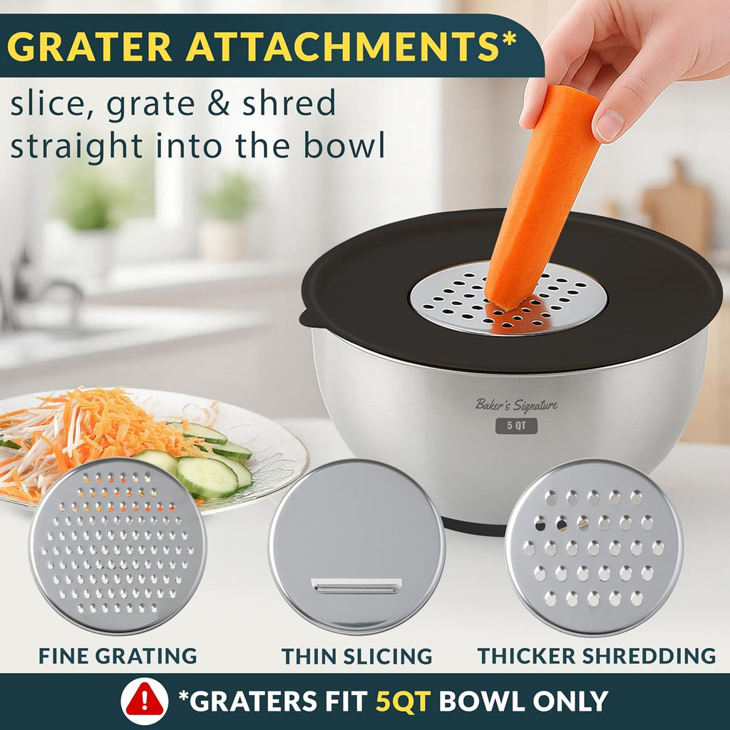 Stainless Steel Mixing Bowls with Lids Set, 5 Sizes, 3 Graters, Non-Slip Base, Airtight Lids, Metal Mixing Bowls for