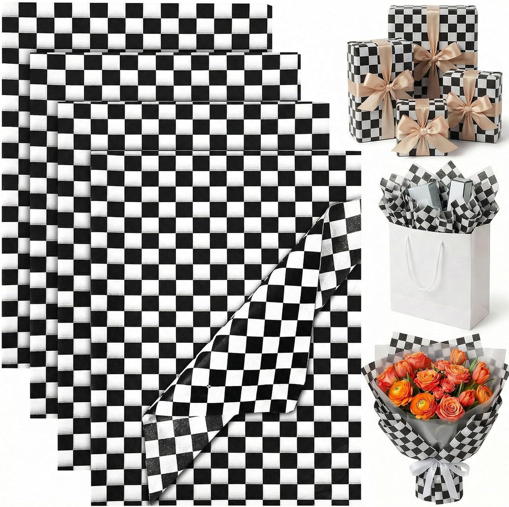 100 Sheets Black and White Checkered Tissue Paper, 14 X 20 inches
