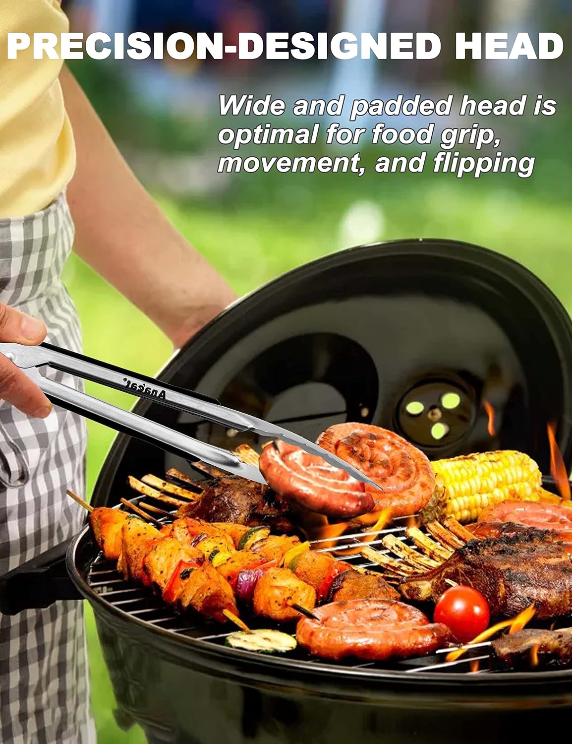 Premium Kitchen Locking Tong Set of 3 - Heavy Duty Stainless Steel Food Tongs with Long Handle & Non-Slip Silicone