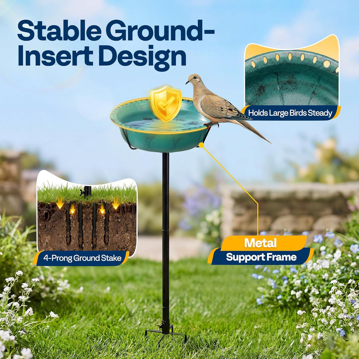 Bird Bath for Outside with Metal Ground Stake, Green