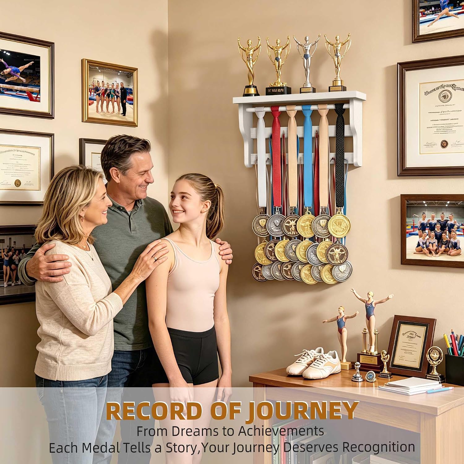 Medal Hanger Display, Large Capacity Trophy and Medal Display Shelf | Natural Solid Wood, Anti-Slip Groove, Widening