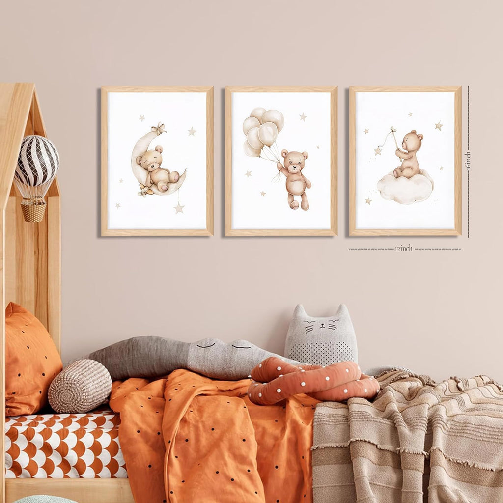 Framed Teddy Bear Wall Art Nursery Decor Set of 3, Bear Sleeping on The Moon and Stars Pictures Canvas, Neutral Bears