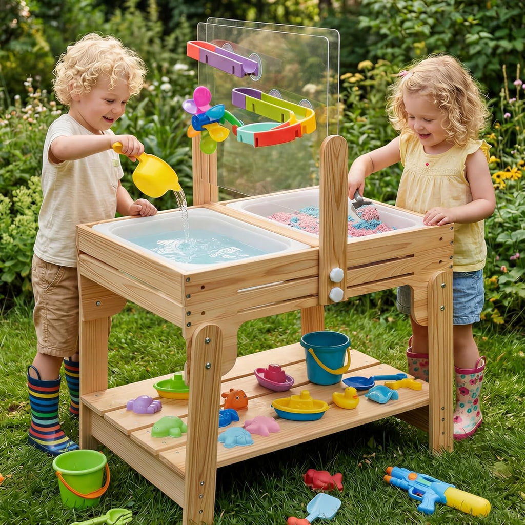 Water Table for Toddlers, Adjustable Height Wooden Sand and Water Table with 2 Collapsible Bins, Acrylic Activity