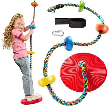 Tree Swing for Kids - Single Disc Seat and Rainbow Climbing Rope Set w/Carabiner and 4 Foot Strap - Treehouse and