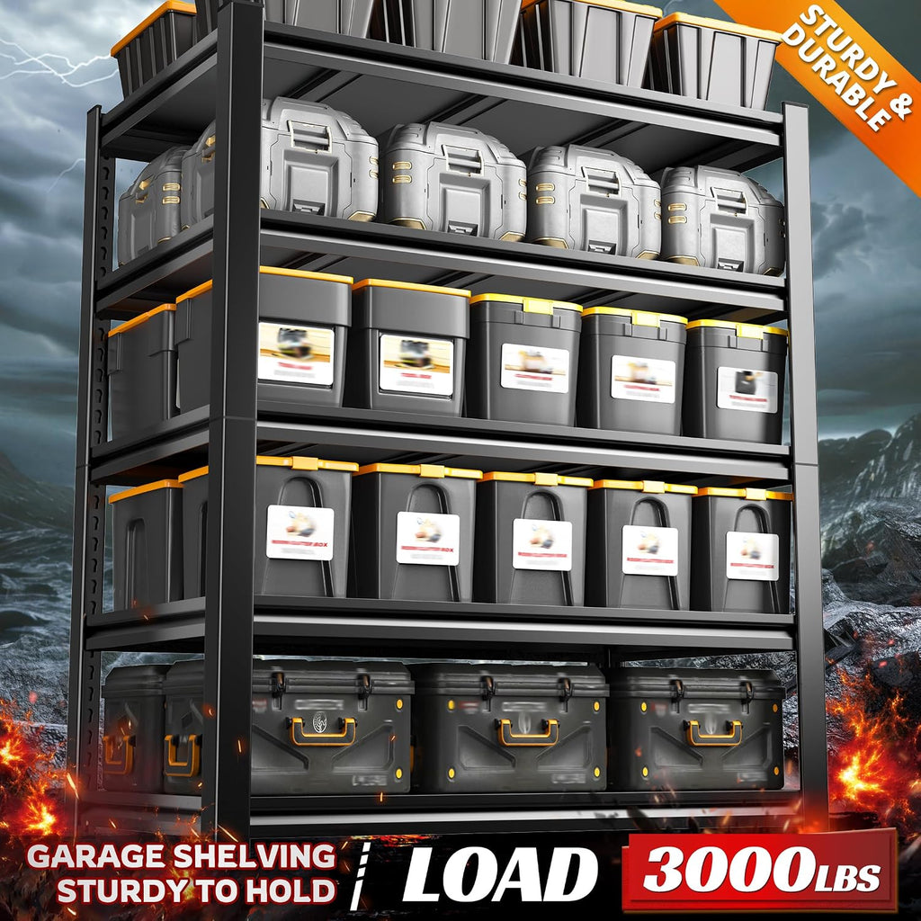 Garage Shelving 3000 LBS Storage Shelves Adjustable Metal Shelving, 5 Tier Garage Shelves for Basement, Warehouse