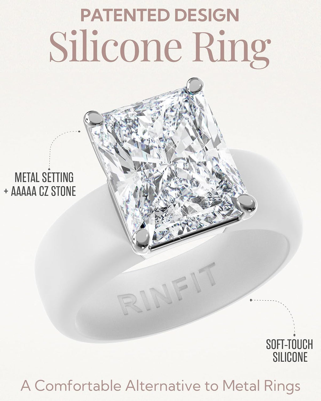 Silicone Ring with Stone and Thin Band Set - Emerald Cut Cubic Zirconia Engagement Ring for Women - Rubber Wedding
