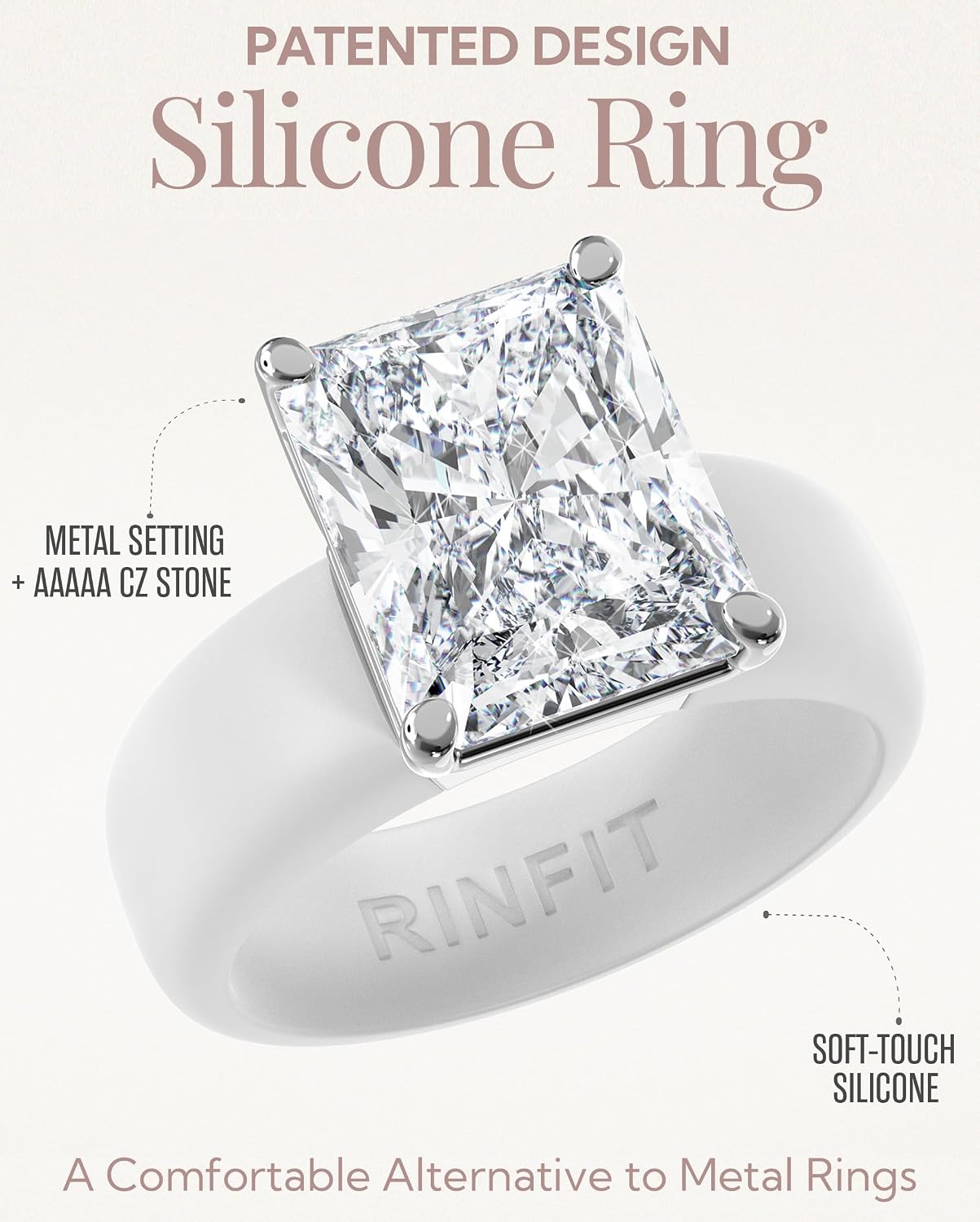 Silicone Ring with Stone and Thin Band Set - Emerald Cut Cubic Zirconia Engagement Ring for Women - Rubber Wedding