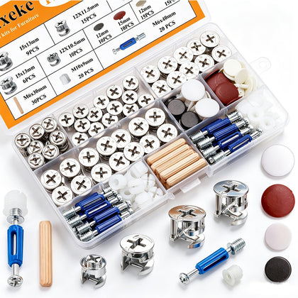 170PCS Cam Locks for Furniture,3-in-1 Eccentric Hardware Wheels,Furniture Fasteners & Connectors with Multi-Size