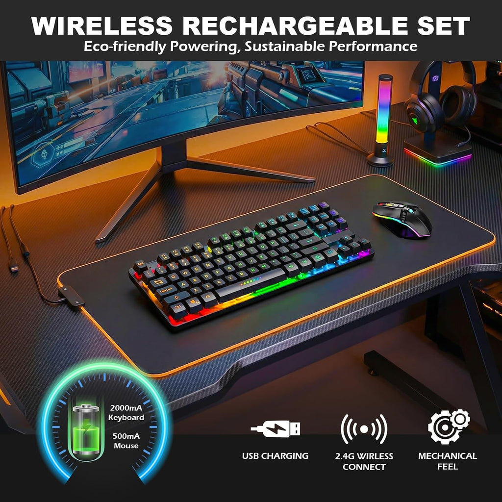 Wireless Gaming Keyboard and Mouse Combo, LED Backlit Rechargeable Battery, Ultra Compact Mechanical Feel Keyboard