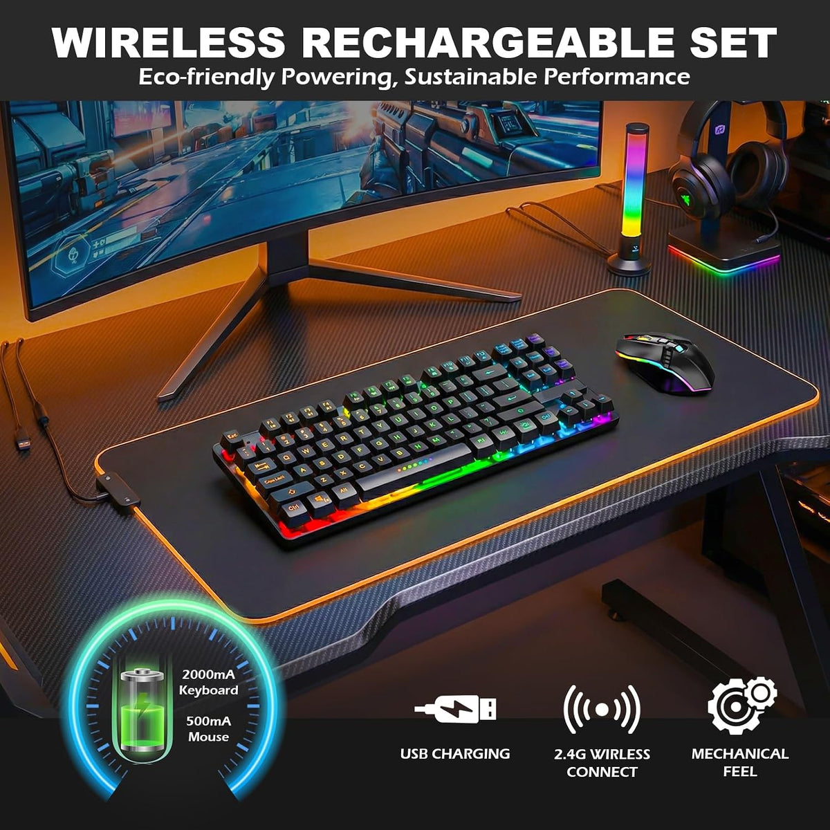 Wireless Gaming Keyboard and Mouse Combo, LED Backlit Rechargeable Battery, Ultra Compact Mechanical Feel Keyboard