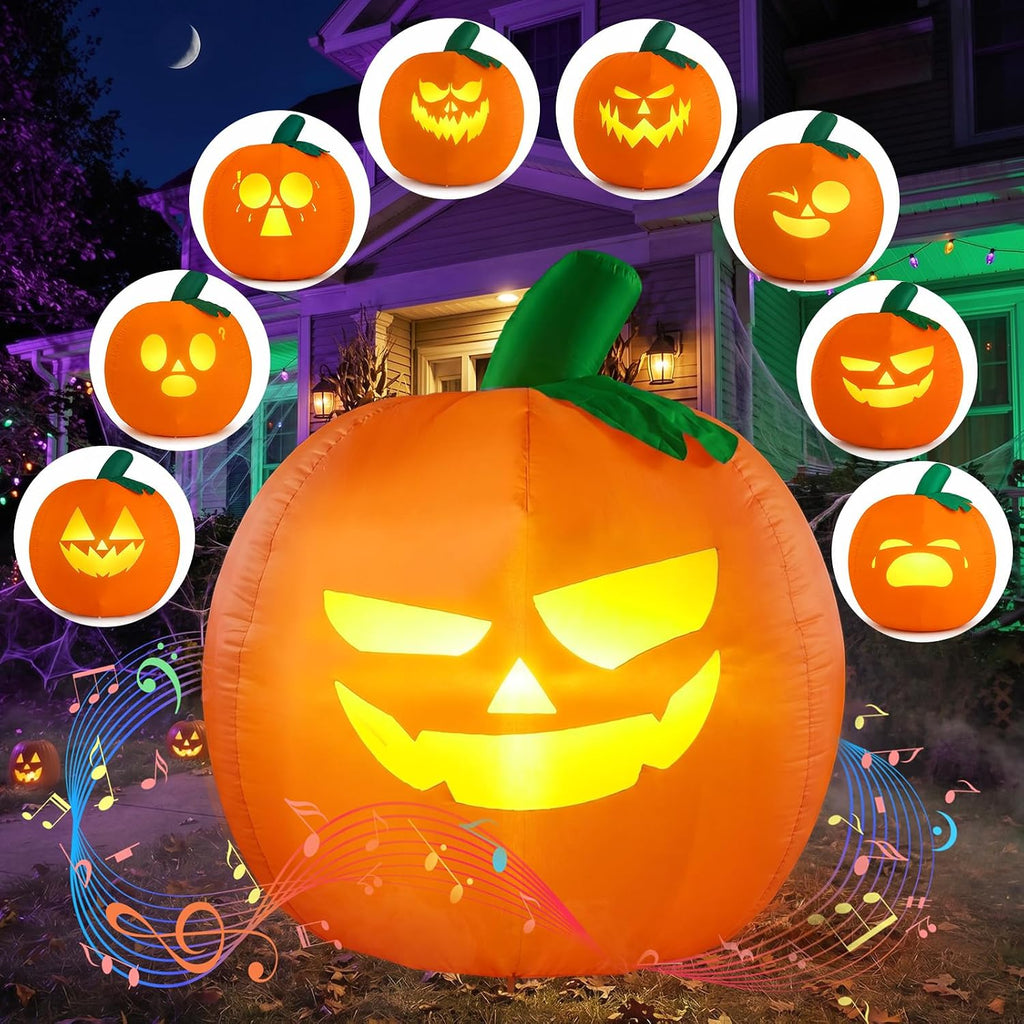 5FT Halloween Inflatables Outdoor Decorations with Projector Face and Music | Halloween Inflatable Pumpkin, Eight