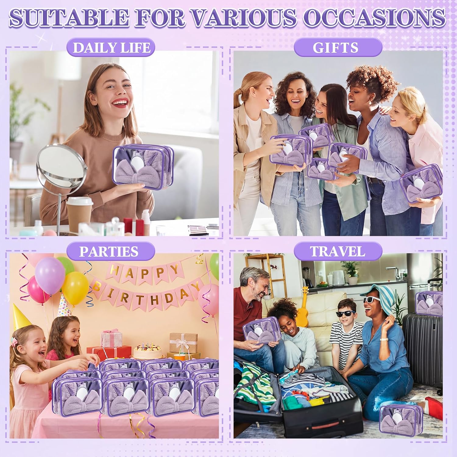 120 Pcs Spa Party Purple Sleepover Party Supply Bulk Headband Wristband Scrunchies Towels Makeup Bag Mirror Claw Hair