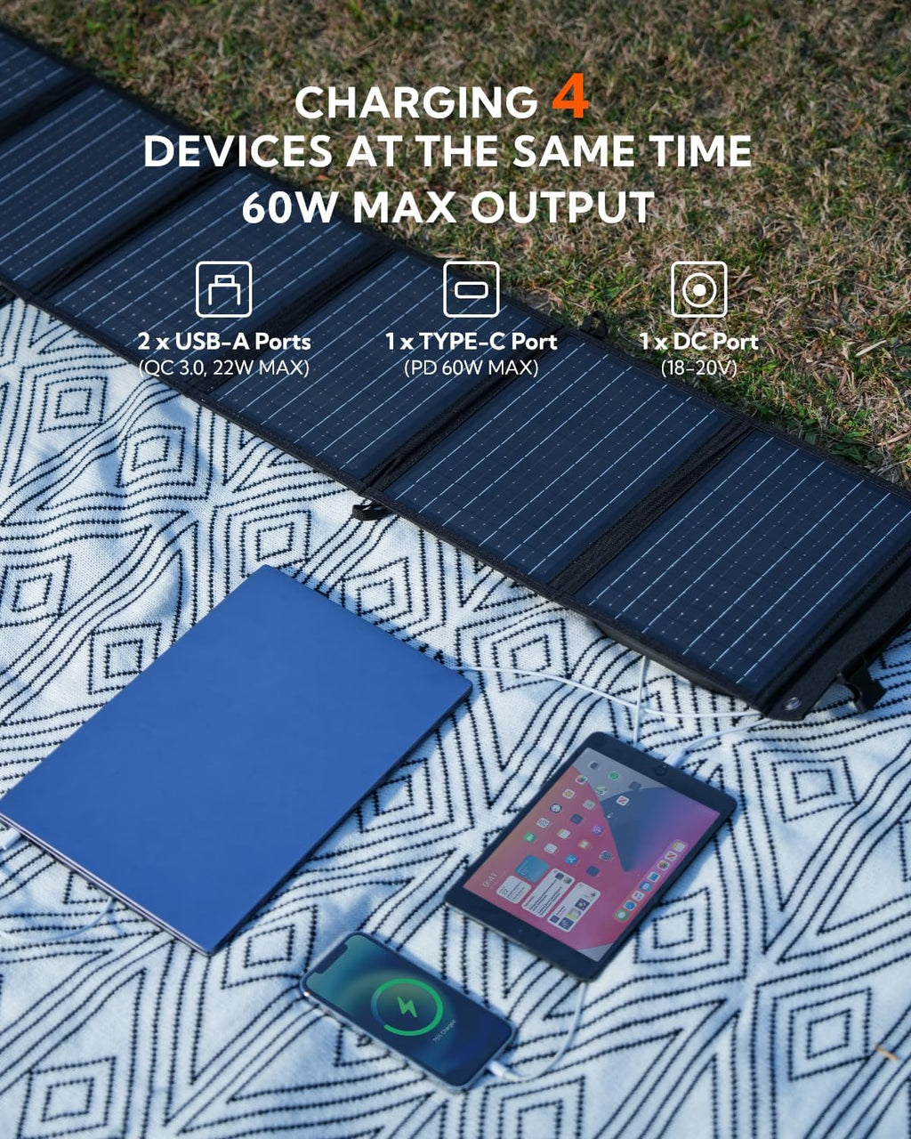 Portable Solar Panel, LUMOPAL 60W Foldable Solar Panels Folding Solar Charger with PD60W USB C QC3.0 USB A Output