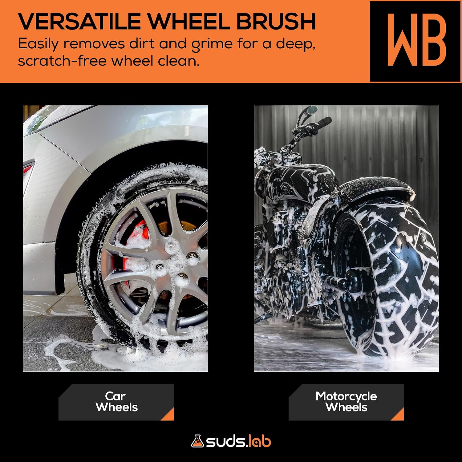 Suds Lab WB Premium Detailing Wheel Brush, Ultra-Soft, 17.7", All Vehicles | Scratch-free reusable rim, and tire