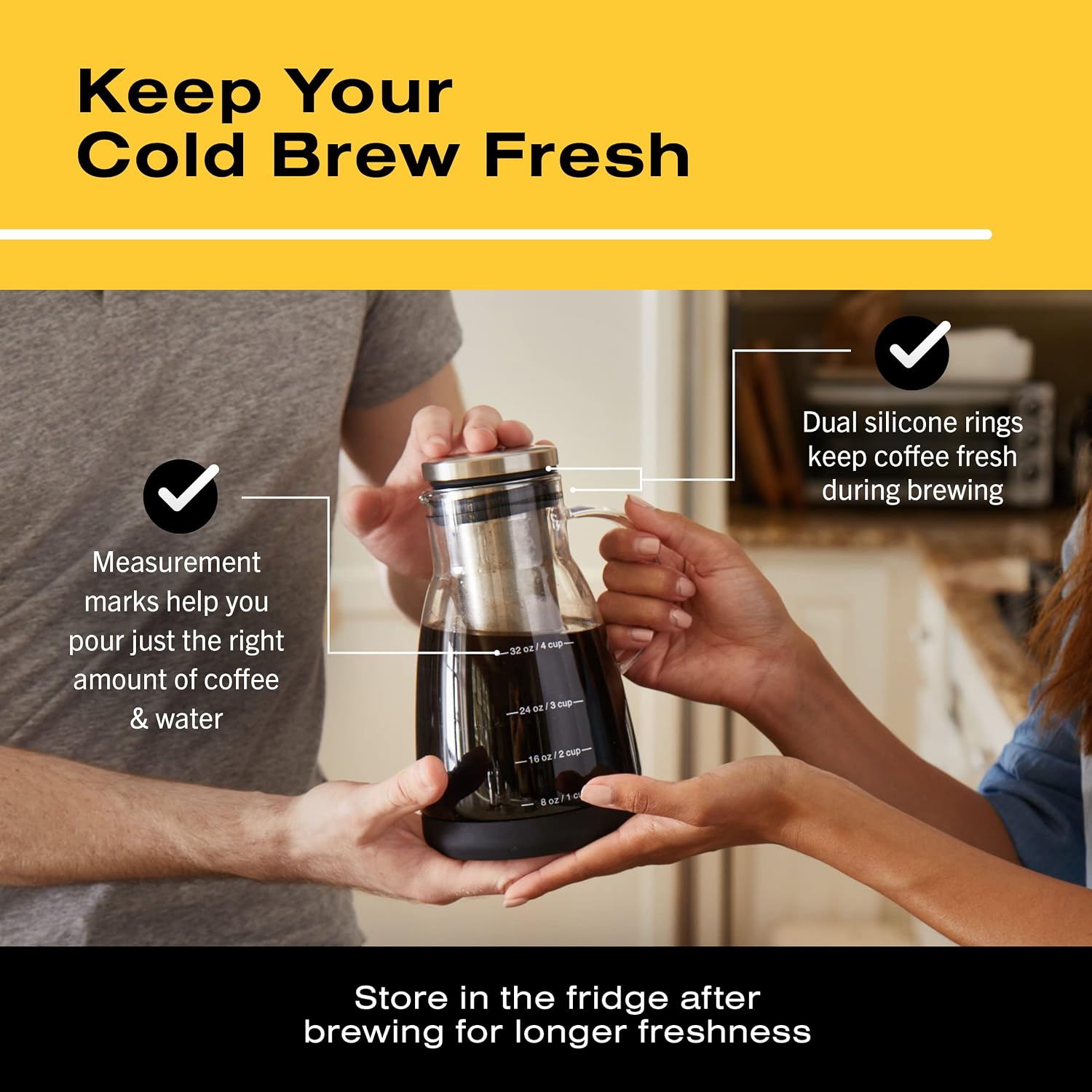 Cold Brew Coffee Maker - 32 oz Glass Coffee Cold Brew Maker and Pitcher w/Silicone Cap & Base | BPA-Free