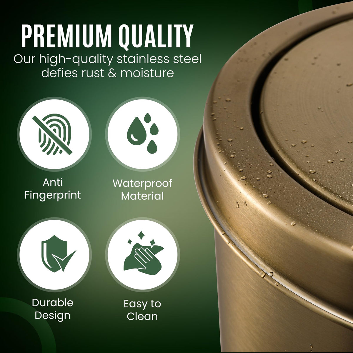 Gold Bathroom Trash Can with Lid | 5L Garbage Can | Small Trash Can