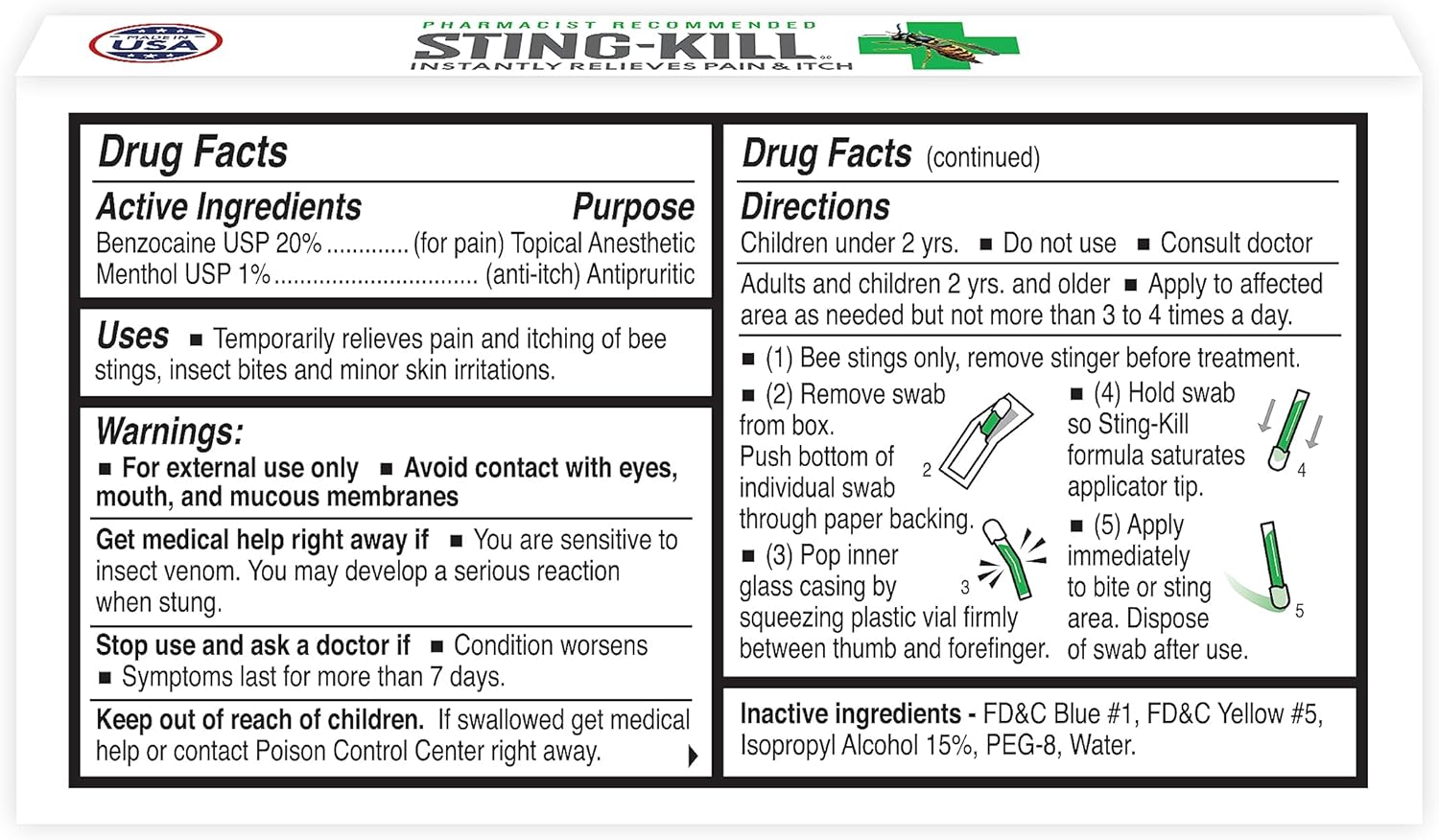 First Aid Anesthetic Swabs, Instant Pain + Itch Relief from Bee Stings and Bug Bites, First Aid Kit Refill Supplies