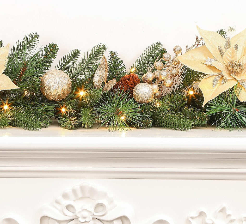 9FT Prelit Christmas Garland Decorations with Multi-Color LED Lights, Battery-Operated Timer, Lighted Garland with