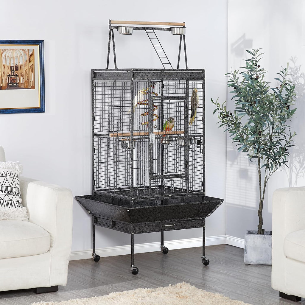 69" Large Bird Cage, Rolling Parrot Cage for Parakeets Cockatiels | Play Top with Ladder & Feeders, Slide-Out Tray