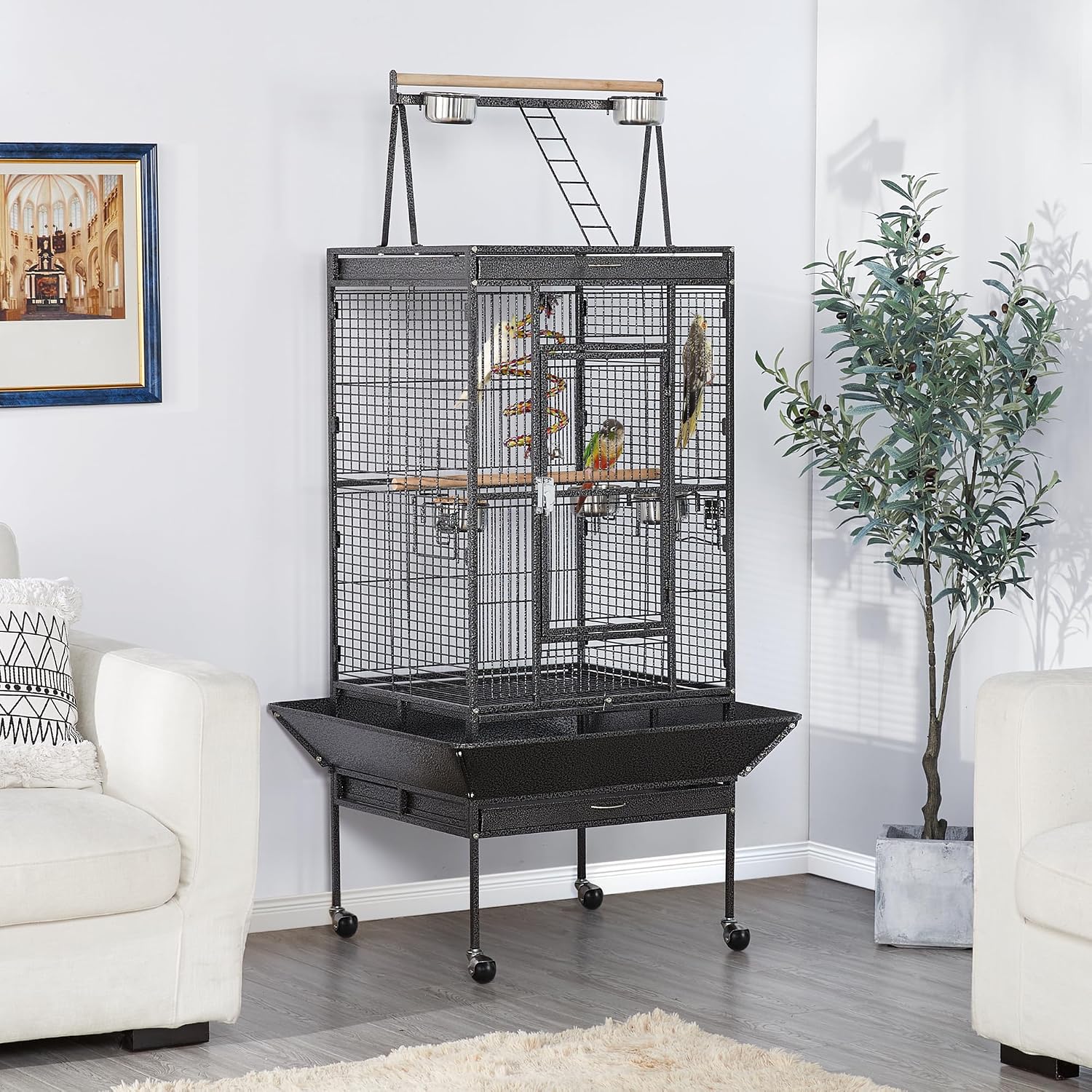 69" Large Bird Cage, Rolling Parrot Cage for Parakeets Cockatiels | Play Top with Ladder & Feeders, Slide-Out Tray